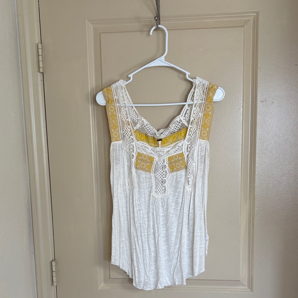 Free People White and Yellow Lace Tank Top